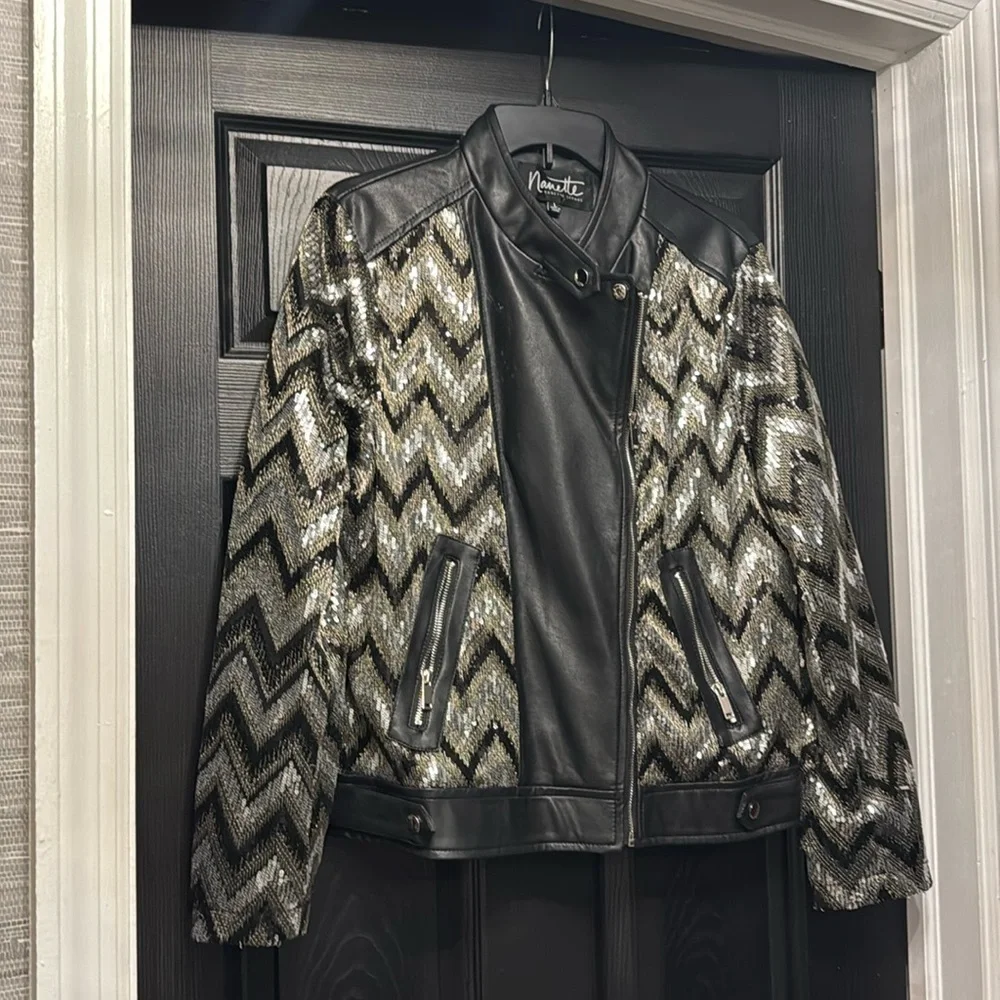 Women’s NANETTE LEPORE Faux Leather & Sequin Jacket - Picture 1 of 7